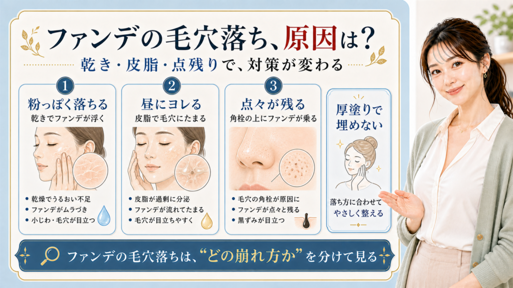 ファンデの毛穴落ちの原因を、乾き・皮脂・角栓による点残りの3つで示すビューティーボード