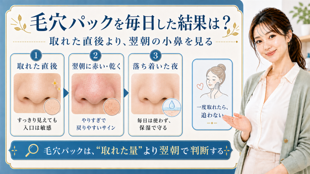 毛穴パックを毎日した結果を、取れた直後・翌朝の赤みや乾き・落ち着いた夜で示すビューティーボード