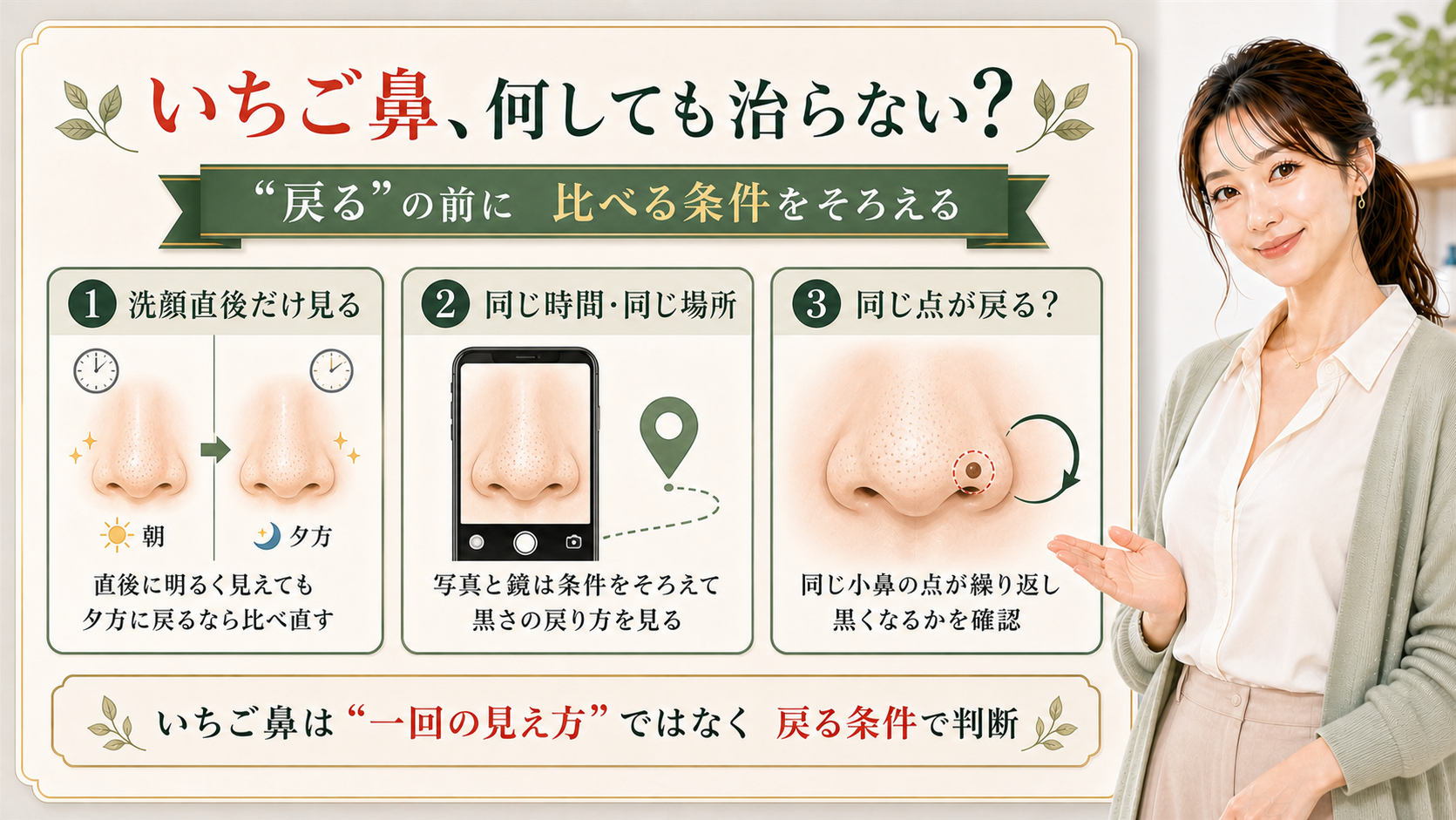 何をしても治らないと感じるいちご鼻を、同じ条件で見て戻り方を整理する3カード図