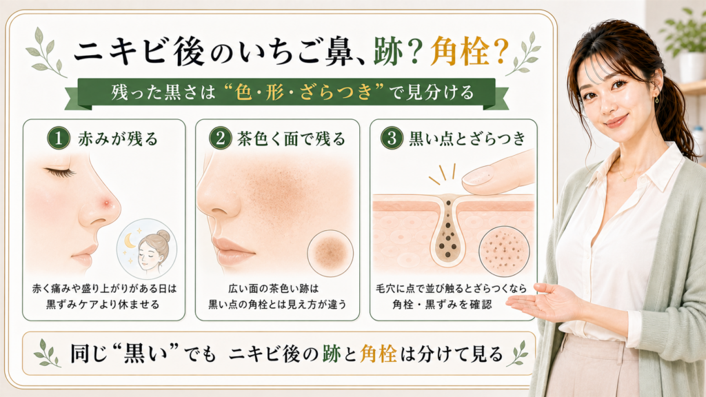 ニキビ後に残るいちご鼻を赤み、茶色い跡、黒い点とざらつきで分けて見る3カード図
