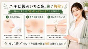 ニキビ後に残るいちご鼻を赤み、茶色い跡、黒い点とざらつきで分けて見る3カード図