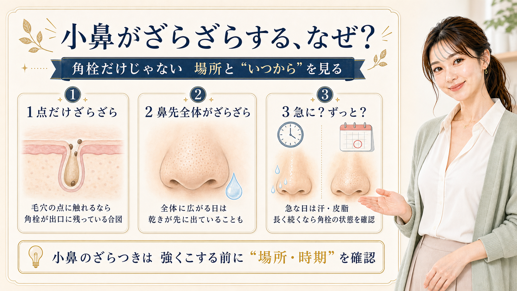 小鼻や鼻の頭のざらつきを、角栓、乾き、出た時期で見分ける3カード図
