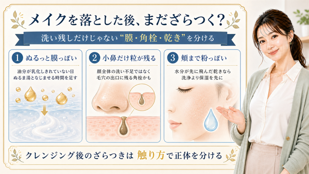 クレンジング後のざらつきを、乳化不足の膜、小鼻の角栓、頬の乾きで分ける3カード図