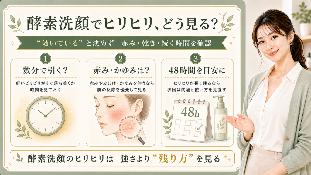 酵素洗顔後のヒリヒリを、数分で引くか、赤みやかゆみ、48時間の残り方で見る3カード図