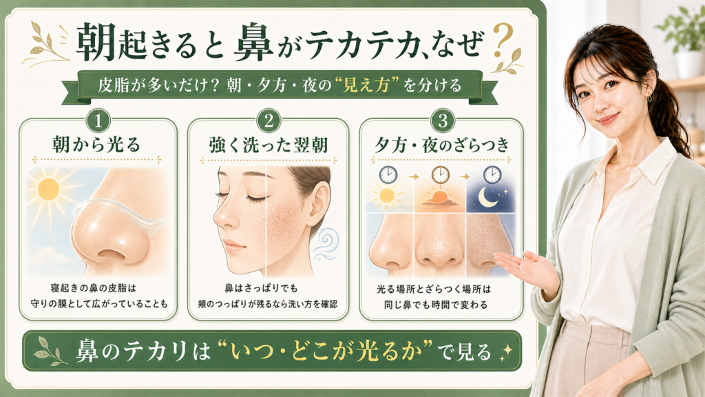 寝起きの鼻の皮脂とテカリを、朝、洗った翌朝、夕方と夜で見る3カード図