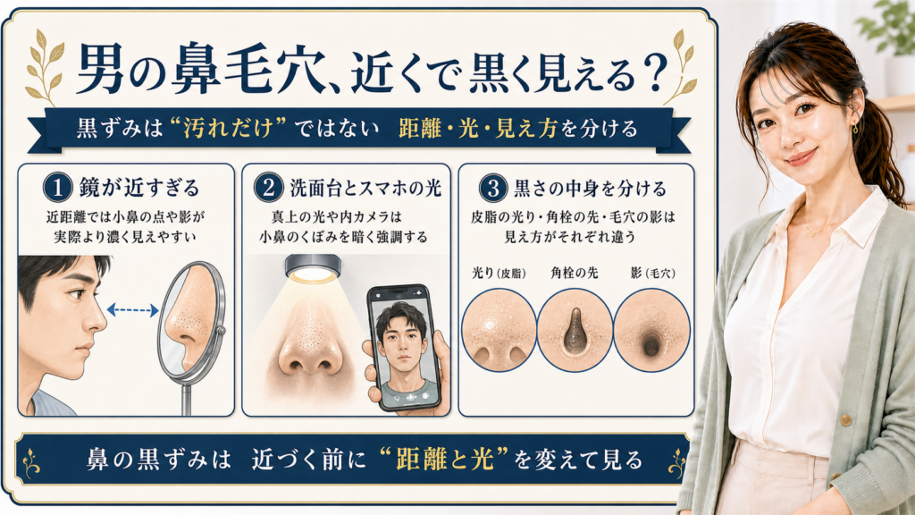 男性の鼻毛穴と鼻黒ずみを、鏡の距離、照明、黒さの中身で分ける3カード図