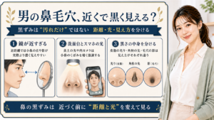 男性の鼻毛穴と鼻黒ずみを、鏡の距離、照明、黒さの中身で分ける3カード図