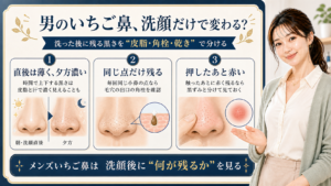 男性のいちご鼻を、時間で変わる皮脂、同じ点の角栓、押した後の赤みで分ける3カード図
