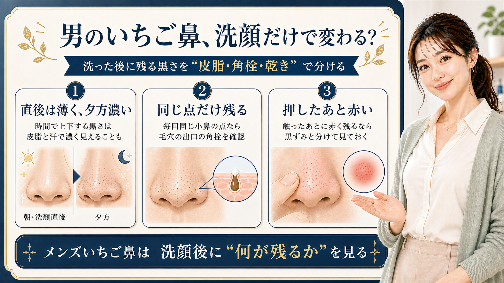 男性のいちご鼻を、時間で変わる皮脂、同じ点の角栓、押した後の赤みで分ける3カード図