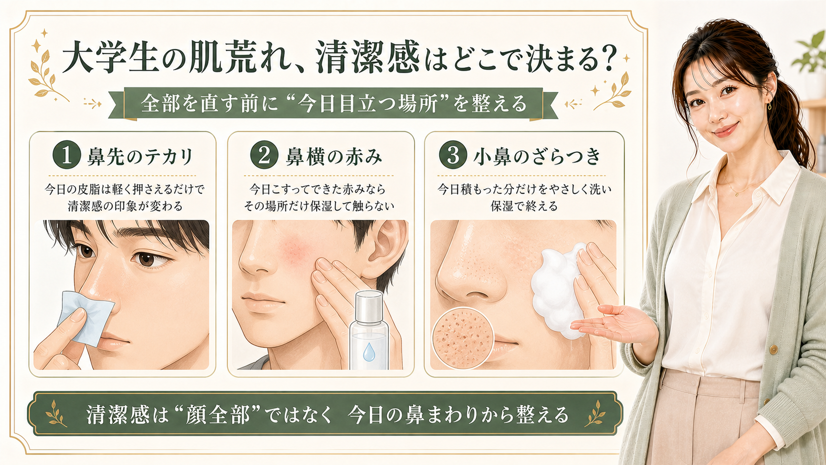 男子大学生の清潔感を、鼻先のテカリ、鼻横の赤み、小鼻のざらつきで整える3カード図