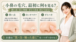 小鼻の毛穴を黒い点、白い角栓、ざらつきで分けて見る3カード図