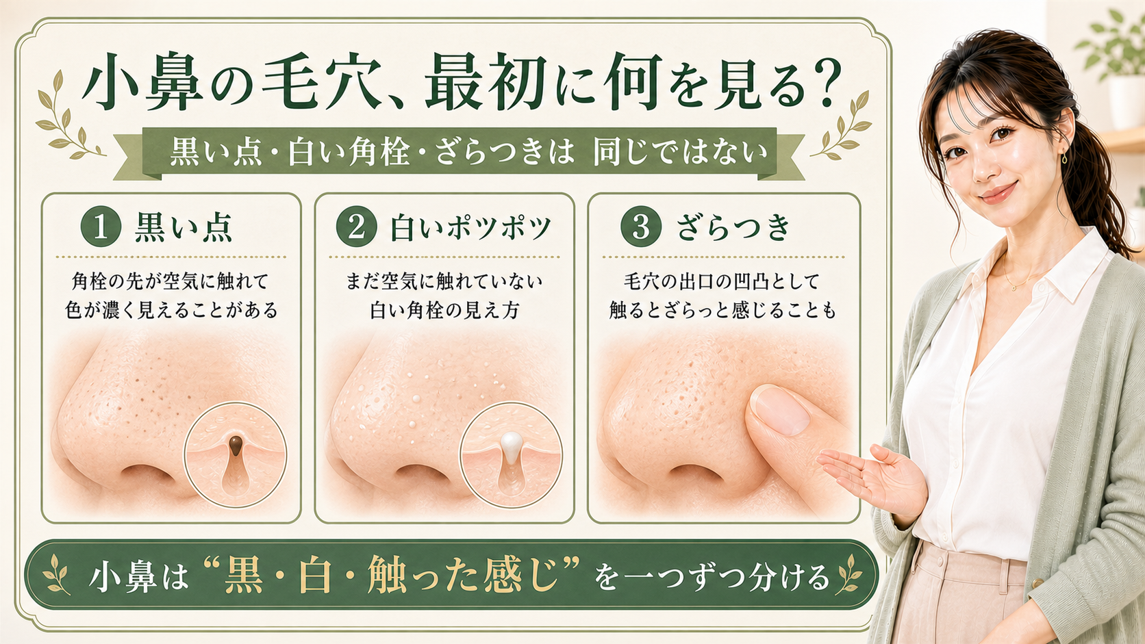 小鼻の毛穴を黒い点、白い角栓、ざらつきで分けて見る3カード図