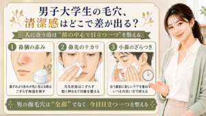男子大学生の顔毛穴と清潔感を、鼻横の赤み、鼻先のテカリ、小鼻のざらつきで整える3カード図