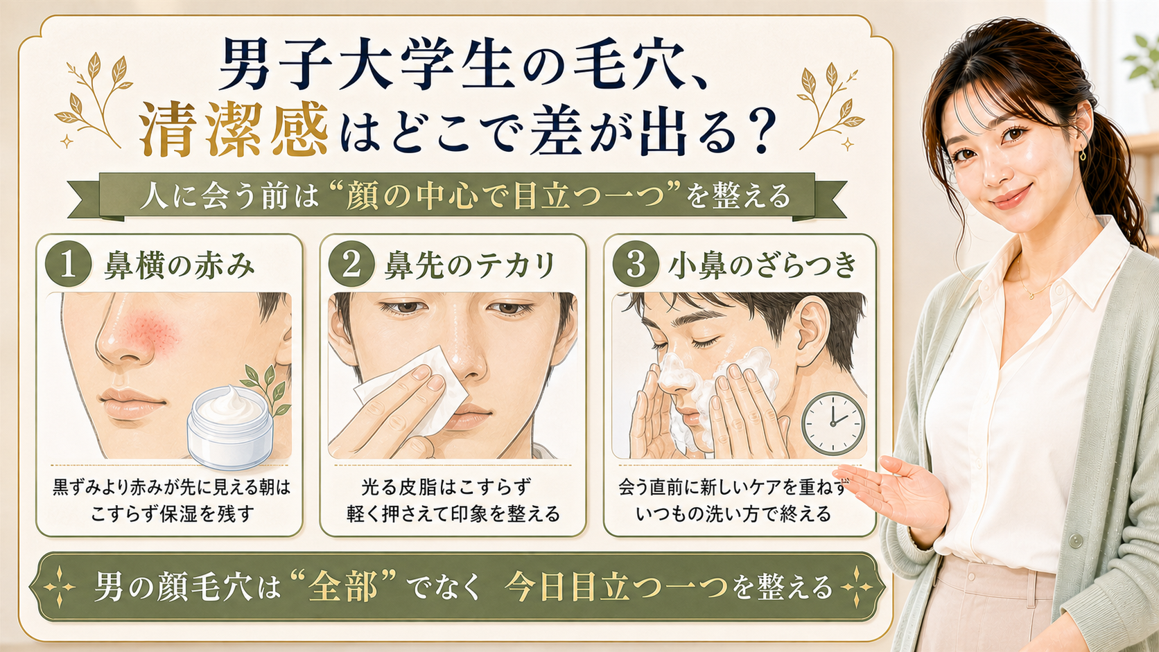 男子大学生の顔毛穴と清潔感を、鼻横の赤み、鼻先のテカリ、小鼻のざらつきで整える3カード図