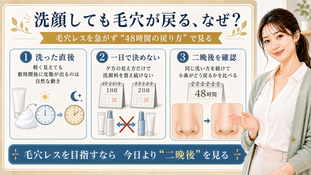 洗顔後に戻る毛穴を、洗った直後、一日で決めない、二晩後の48時間で見る3カード図