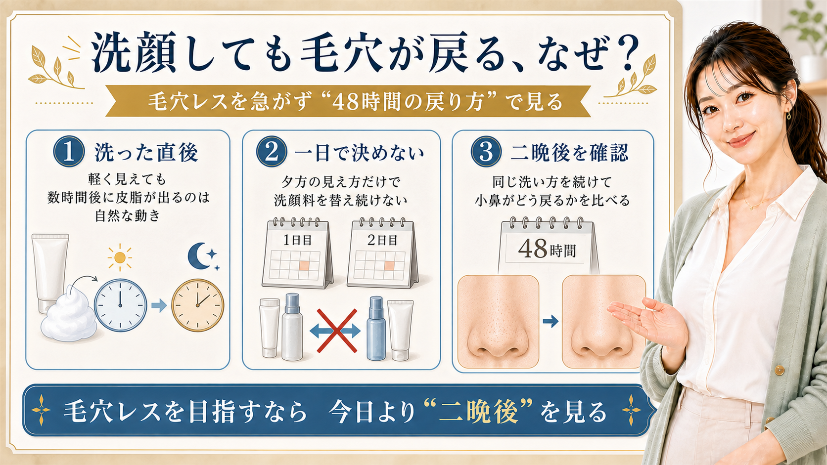 洗顔後に戻る毛穴を、洗った直後、一日で決めない、二晩後の48時間で見る3カード図