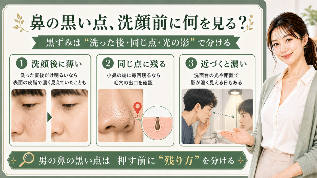 男性の鼻の黒い点を、洗顔後の変化、同じ点に残るか、距離と光の影で分ける3カード図