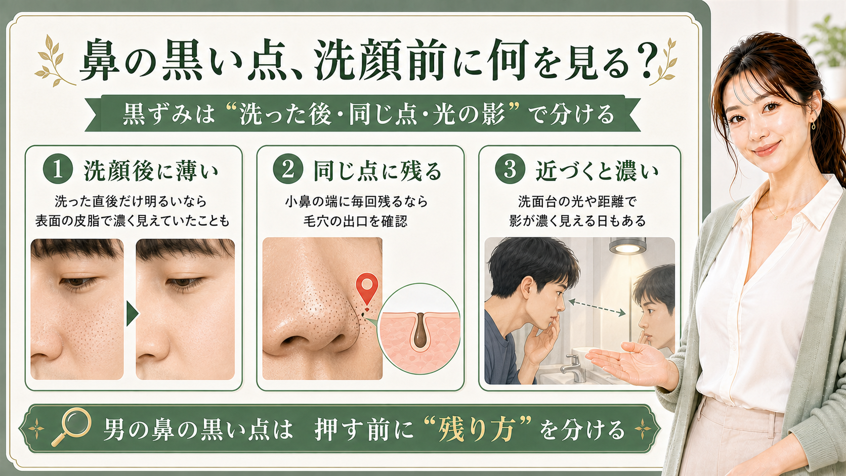 男性の鼻の黒い点を、洗顔後の変化、同じ点に残るか、距離と光の影で分ける3カード図