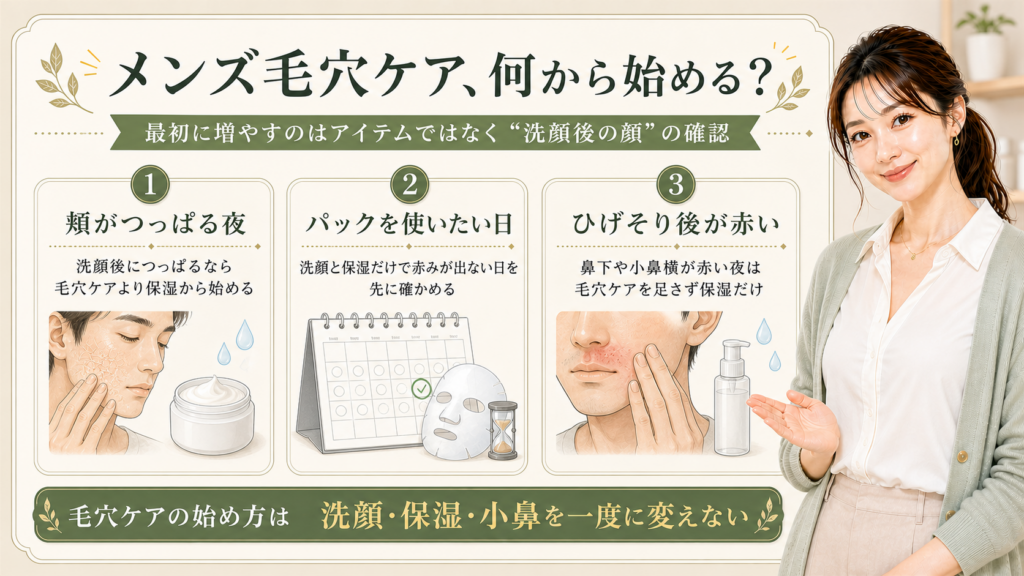 メンズ毛穴ケアの始め方を、頬のつっぱり、パックを使いたい日、ひげそり後の赤みで決める3カード図