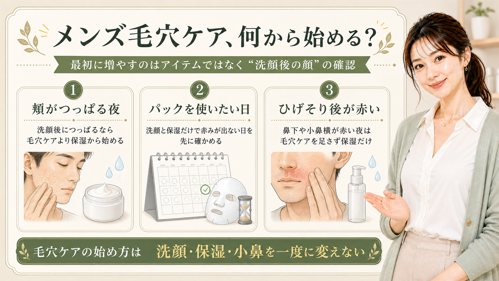 メンズ毛穴ケアの始め方を、頬のつっぱり、パックを使いたい日、ひげそり後の赤みで決める3カード図
