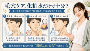 化粧水だけの毛穴ケアを、頬のつっぱり、夕方の鼻テカリ、しみる夜で見る3カード図