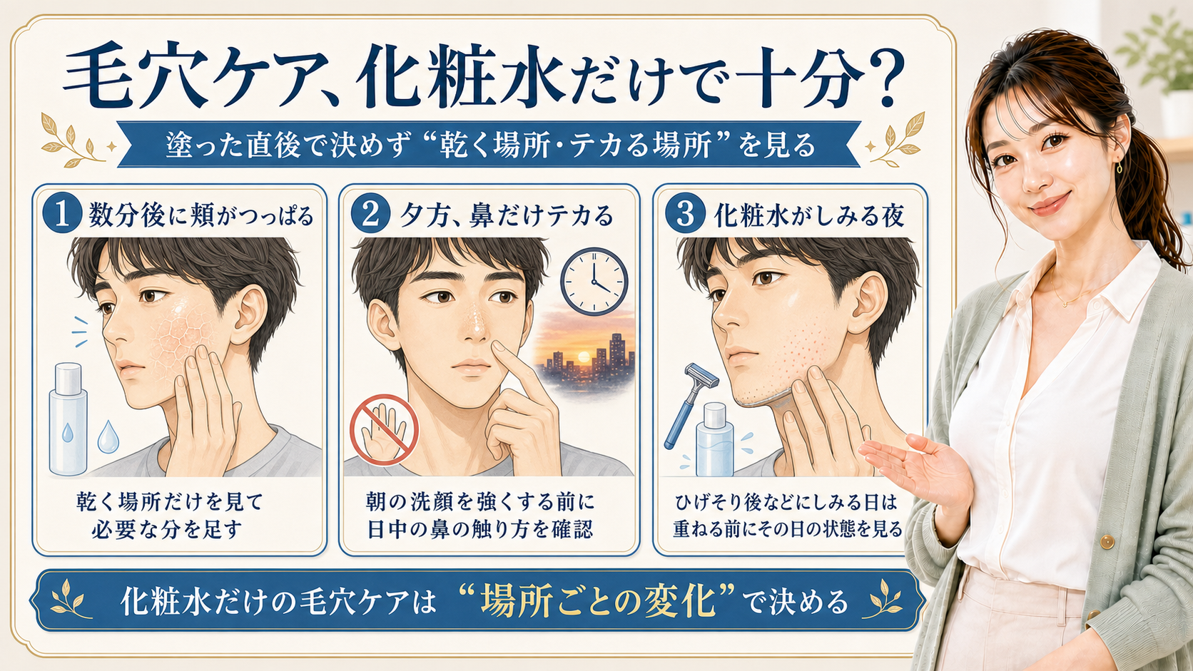 化粧水だけの毛穴ケアを、頬のつっぱり、夕方の鼻テカリ、しみる夜で見る3カード図