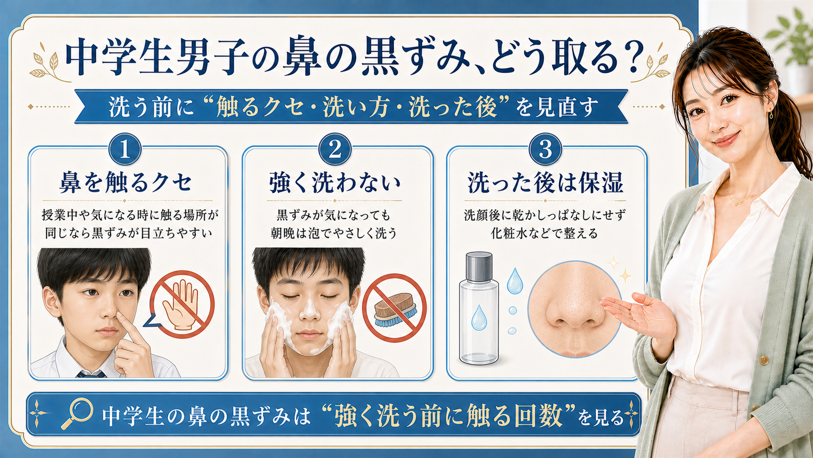 中学生男子の鼻の黒ずみを、鼻を触るクセ、強く洗わないこと、洗った後の保湿で見直す3カード図