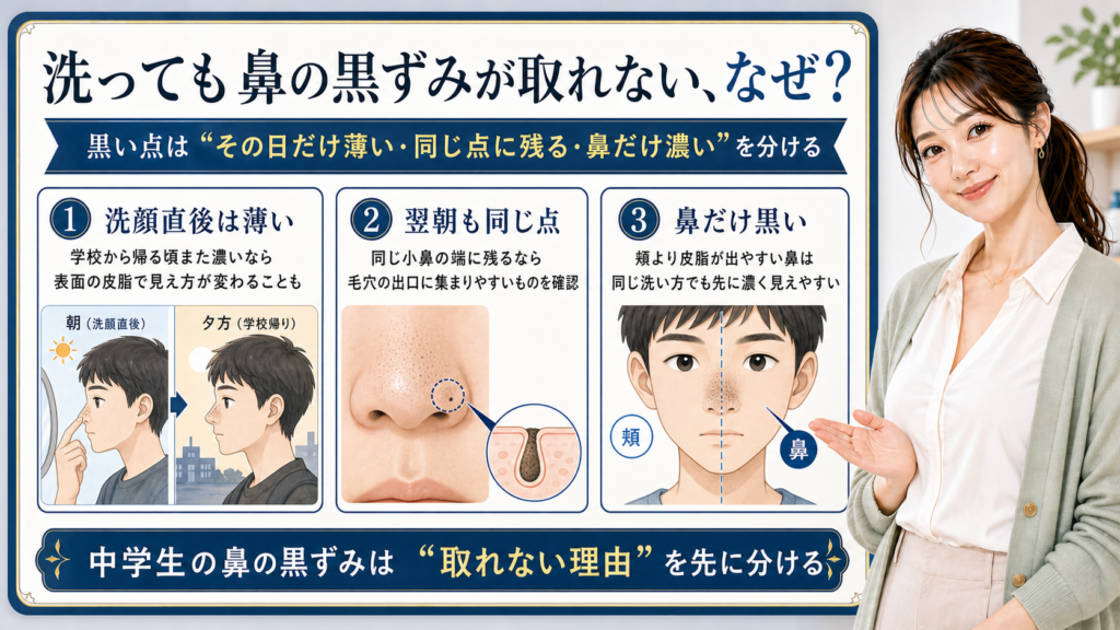 中学生の取れない鼻の黒ずみを、洗顔直後、翌朝も同じ点、鼻だけ黒い状態で分ける3カード図