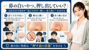 中学生の鼻の白い角栓を、近くでだけ白い、触ると硬い、赤く痛い状態で分ける3カード図