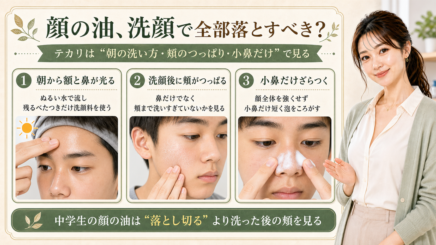 中学生男子の顔の油を、朝の額と鼻、洗顔後の頬のつっぱり、小鼻だけのざらつきで見る3カード図