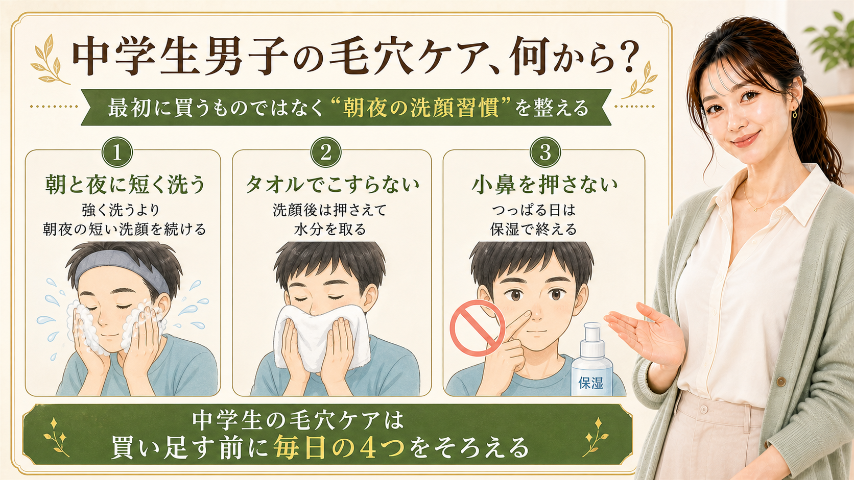 中学生男子の毛穴ケアを、朝夜の短い洗顔、タオルでこすらないこと、小鼻を押さないことから始める3カード図