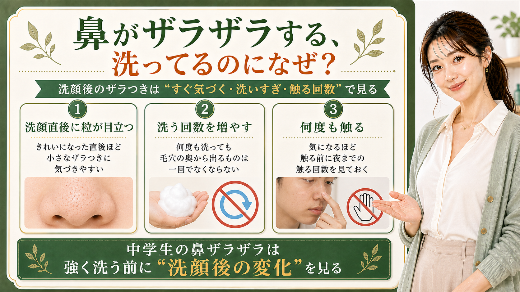 中学生の鼻ざらざらを、洗顔直後、洗う回数、触る回数で見る3カード図