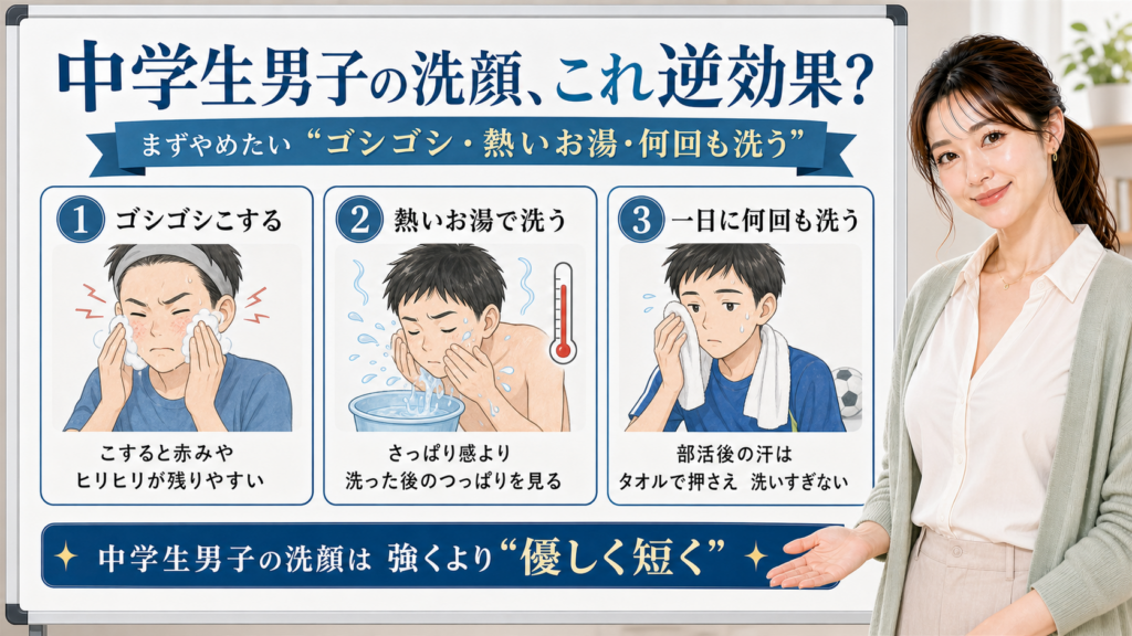 中学生男子の洗顔で避けたいゴシゴシ洗い、熱いお湯、何回も洗うことを示す3カード図