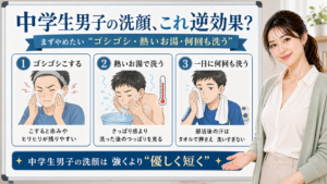 中学生男子の洗顔で避けたいゴシゴシ洗い、熱いお湯、何回も洗うことを示す3カード図