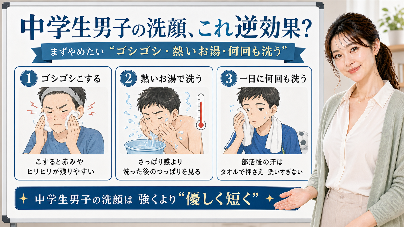 中学生男子の洗顔で避けたいゴシゴシ洗い、熱いお湯、何回も洗うことを示す3カード図