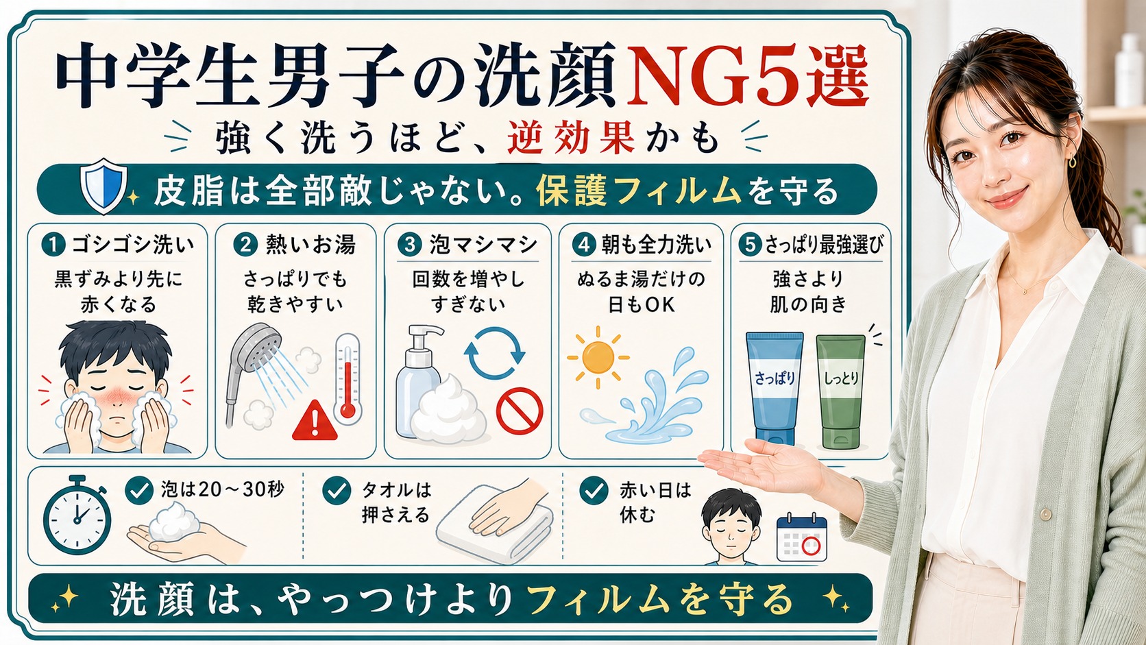 中学生男子がやりがちな洗顔NG5選と保護フィルムを守る洗い方の解説