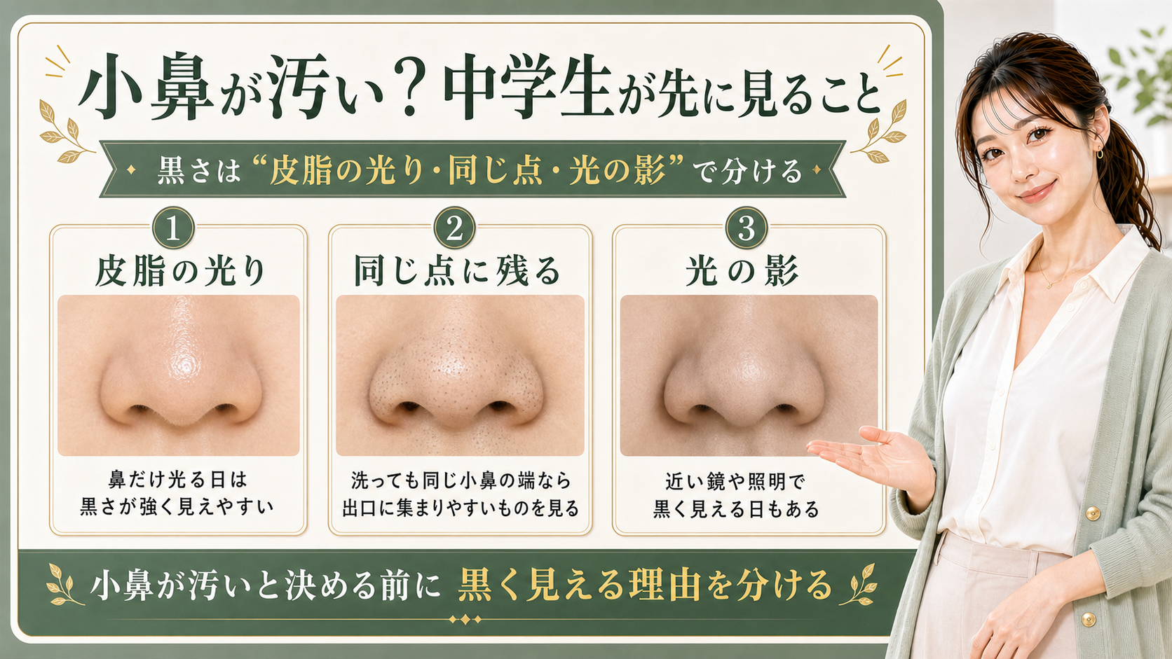 中学生の小鼻が汚く見える理由を、皮脂の光り、同じ点に残る黒さ、光の影で分ける3カード図