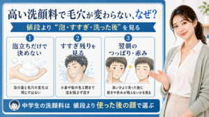 中学生の洗顔料を、泡立ちだけで決めないこと、すすぎ残り、翌朝のつっぱりと赤みで選ぶ3カード図