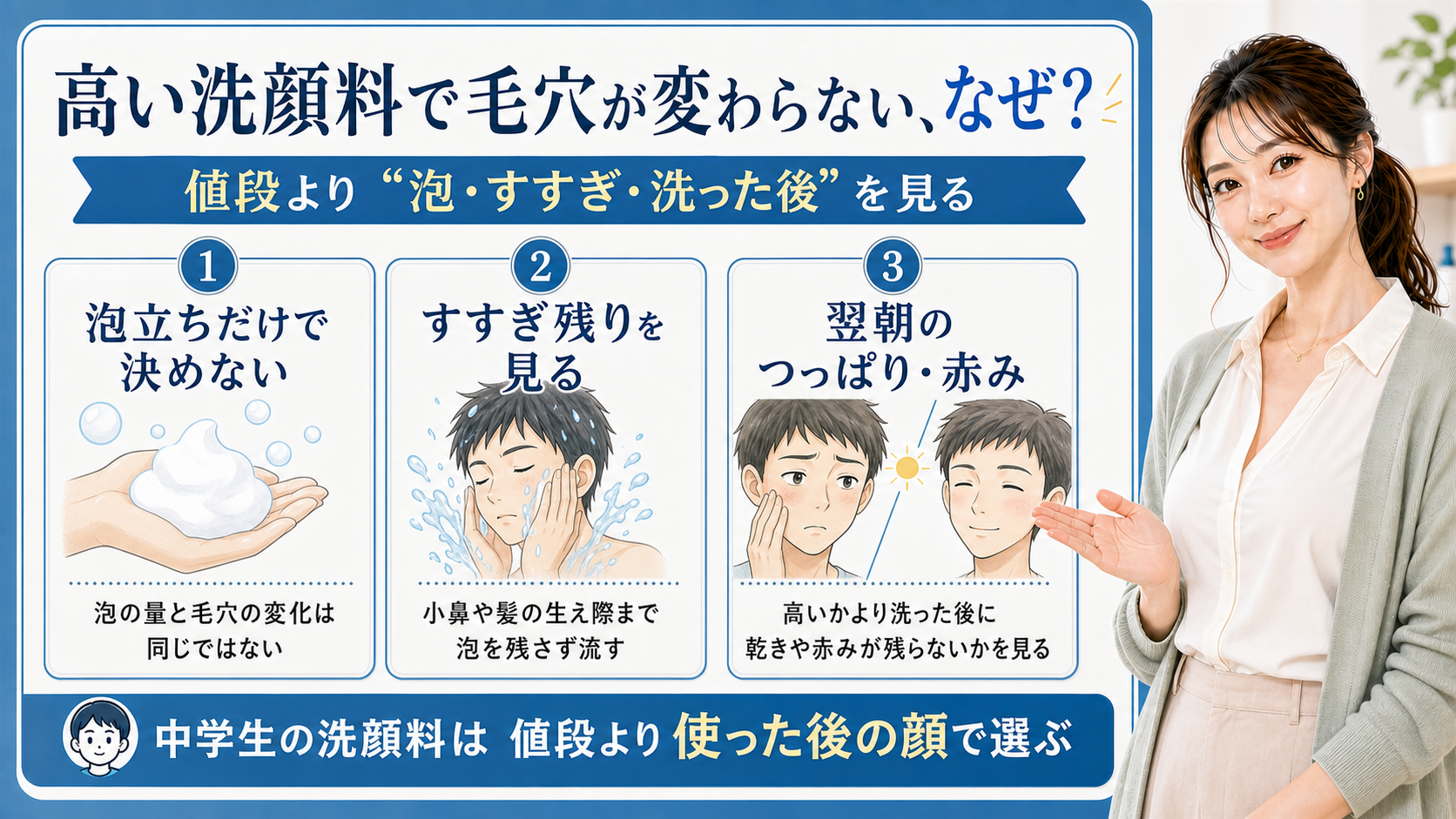 中学生の洗顔料を、泡立ちだけで決めないこと、すすぎ残り、翌朝のつっぱりと赤みで選ぶ3カード図