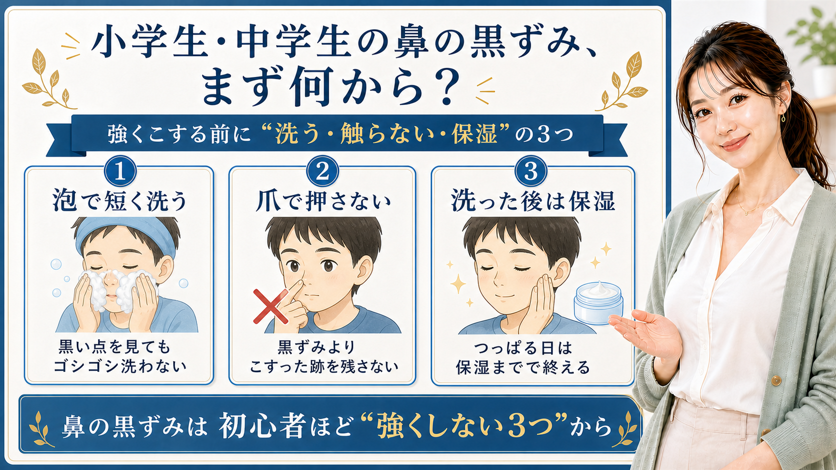 小学生と中学生の鼻黒ずみケアを、泡で短く洗う、爪で押さない、洗った後の保湿で始める3カード図