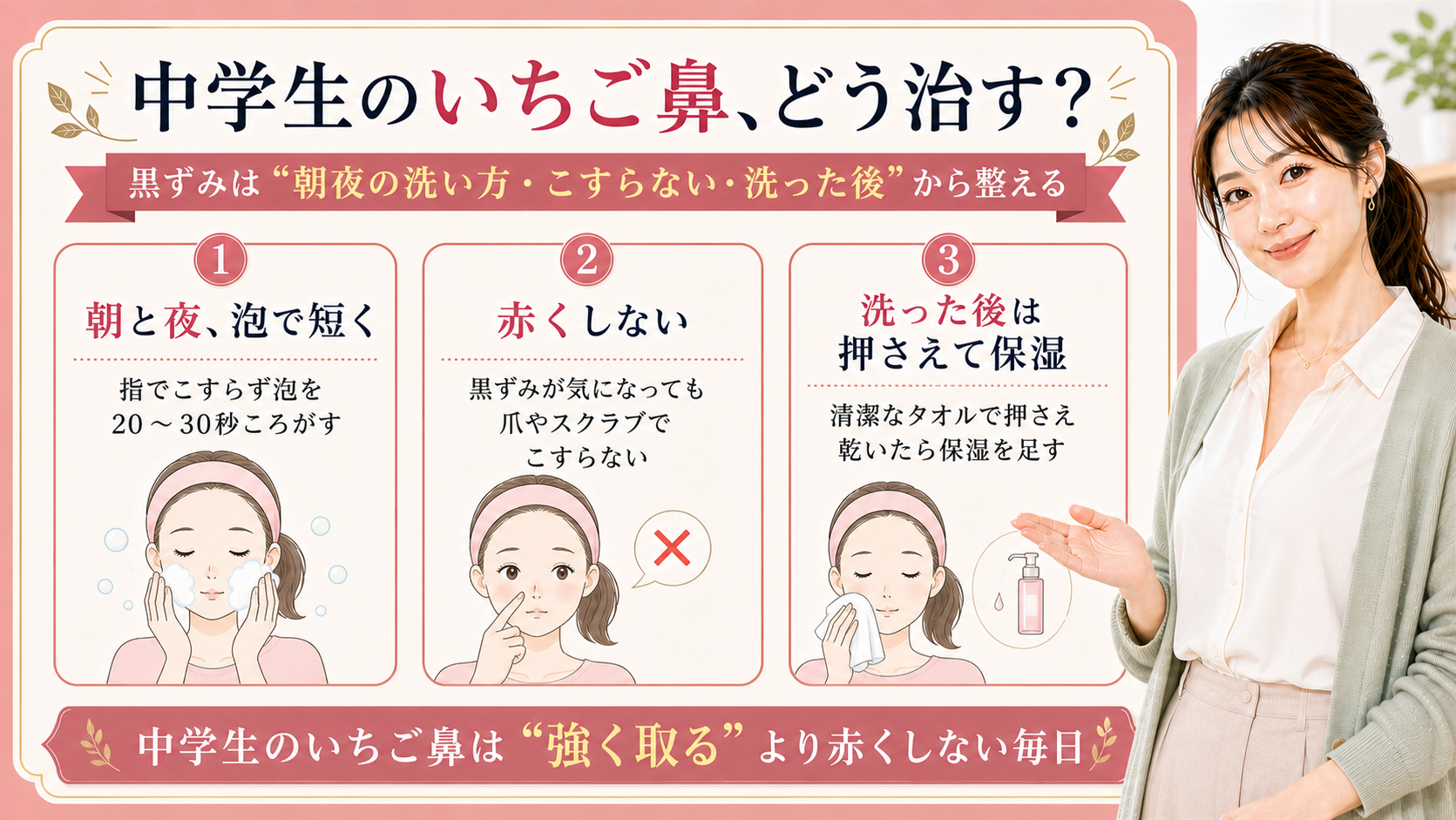 中学生のいちご鼻を、朝夜の短い洗顔、こすらないこと、洗った後の保湿で整える3カード図