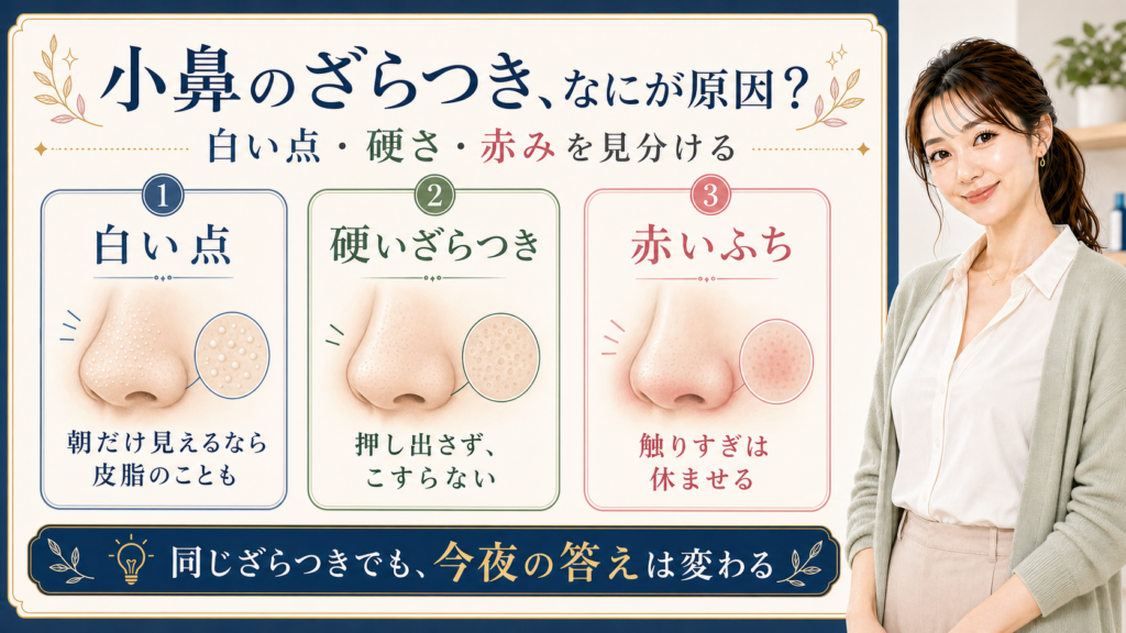 小鼻のざらつきを白い点、硬いざらつき、赤いふちに分けて整理する3カード図