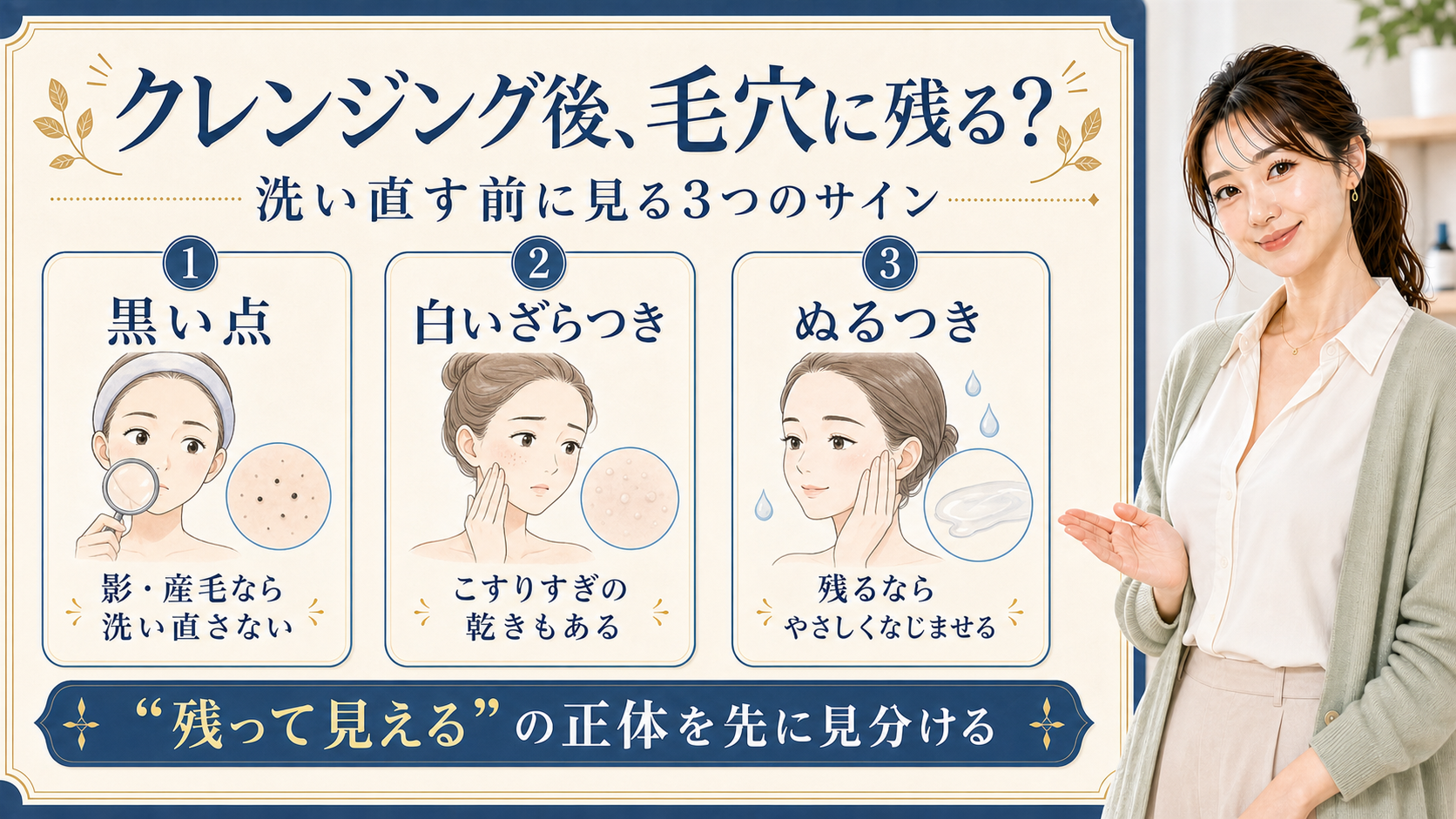 クレンジング後の毛穴に残って見える黒い点、白いざらつき、ぬるつきを整理する3カード図