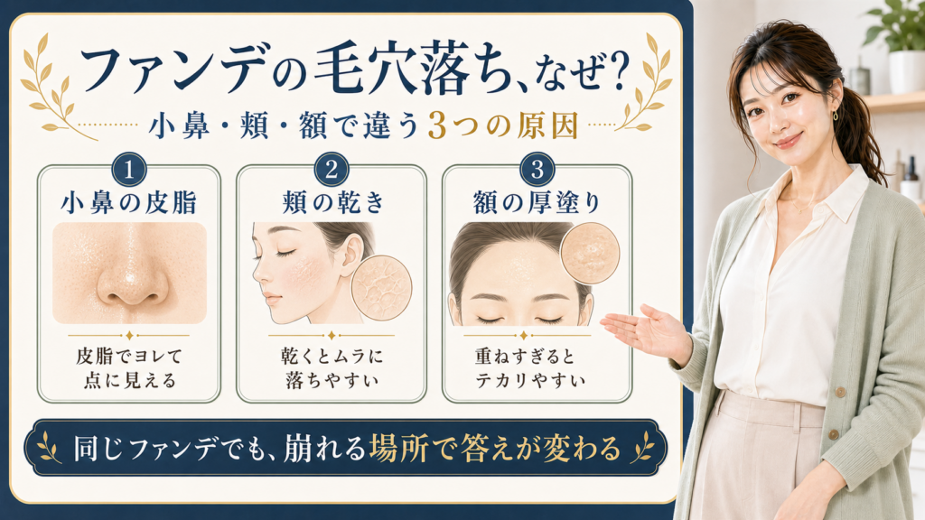 ファンデーションの毛穴落ちを小鼻の皮脂、頬の乾き、額の厚塗りで整理する3カード図