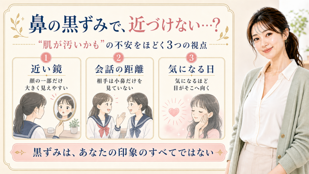 中学生の鼻の黒ずみへの不安を近い鏡、会話の距離、気になる日の3視点で整理する図