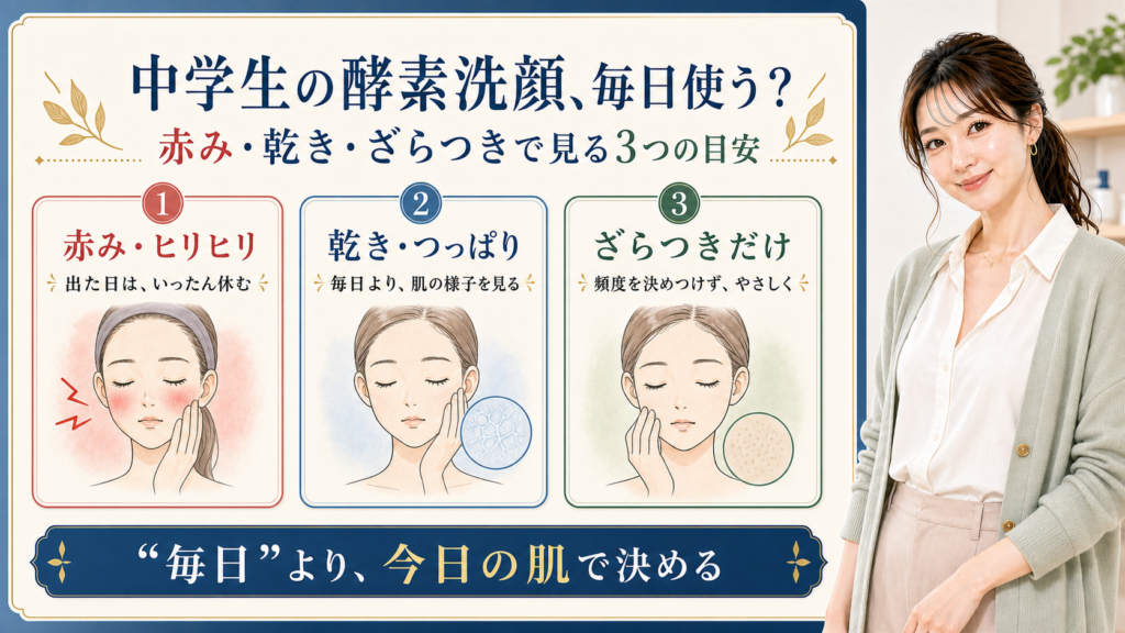中学生の酵素洗顔を赤み・ヒリヒリ、乾き・つっぱり、ざらつきだけの3つで見る図