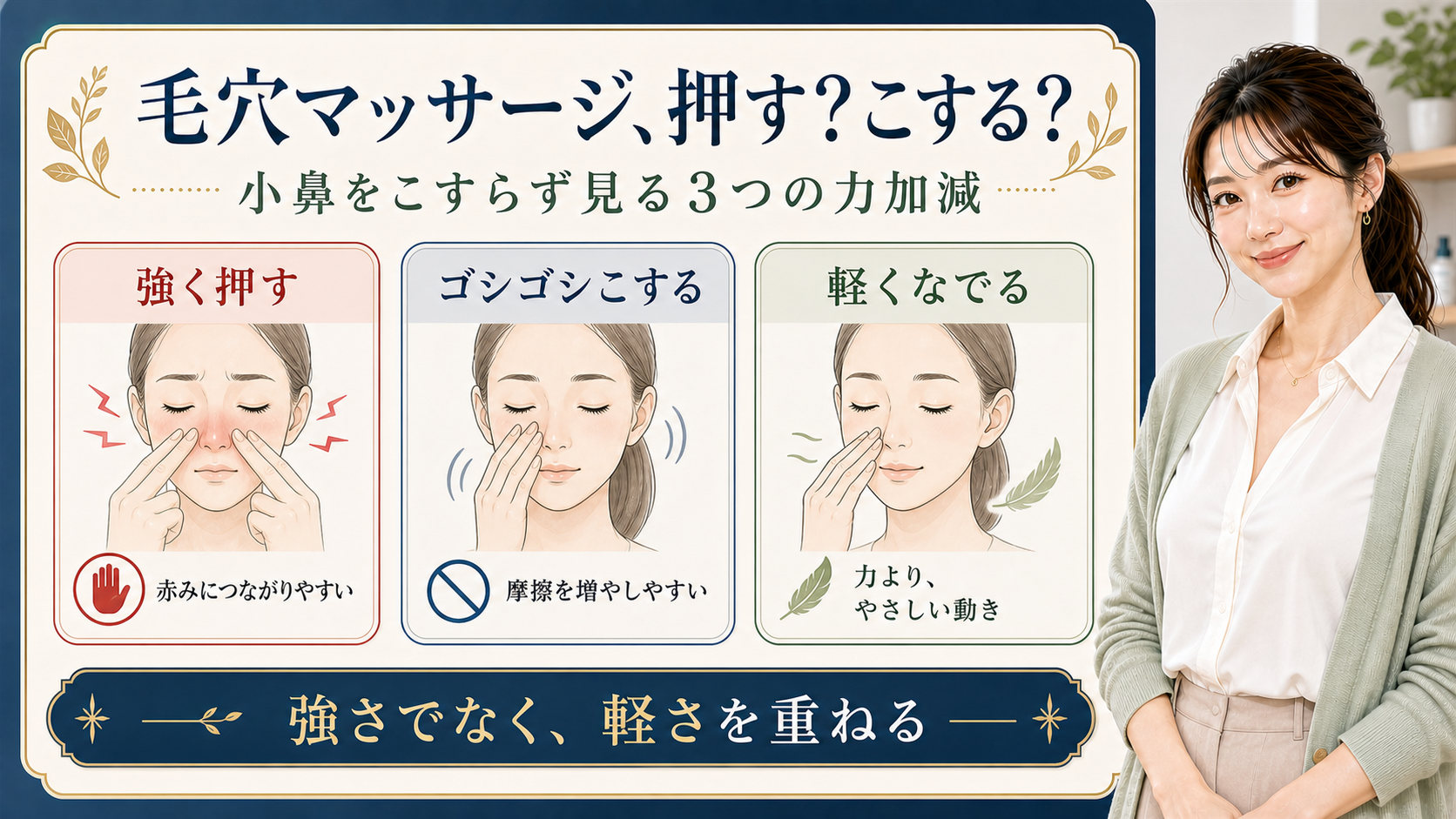 毛穴マッサージの力加減を強く押す、ゴシゴシこする、軽くなでるの3カードで整理する図