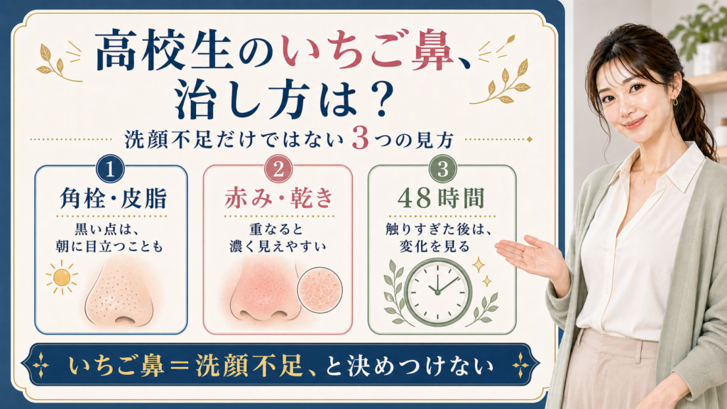 高校生のいちご鼻を角栓・皮脂、赤み・乾き、48時間の3つで整理する図
