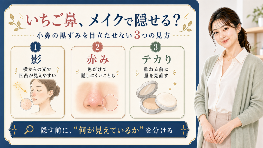 いちご鼻をメイクで隠す前に見る影、赤み、テカりを整理する3カード図