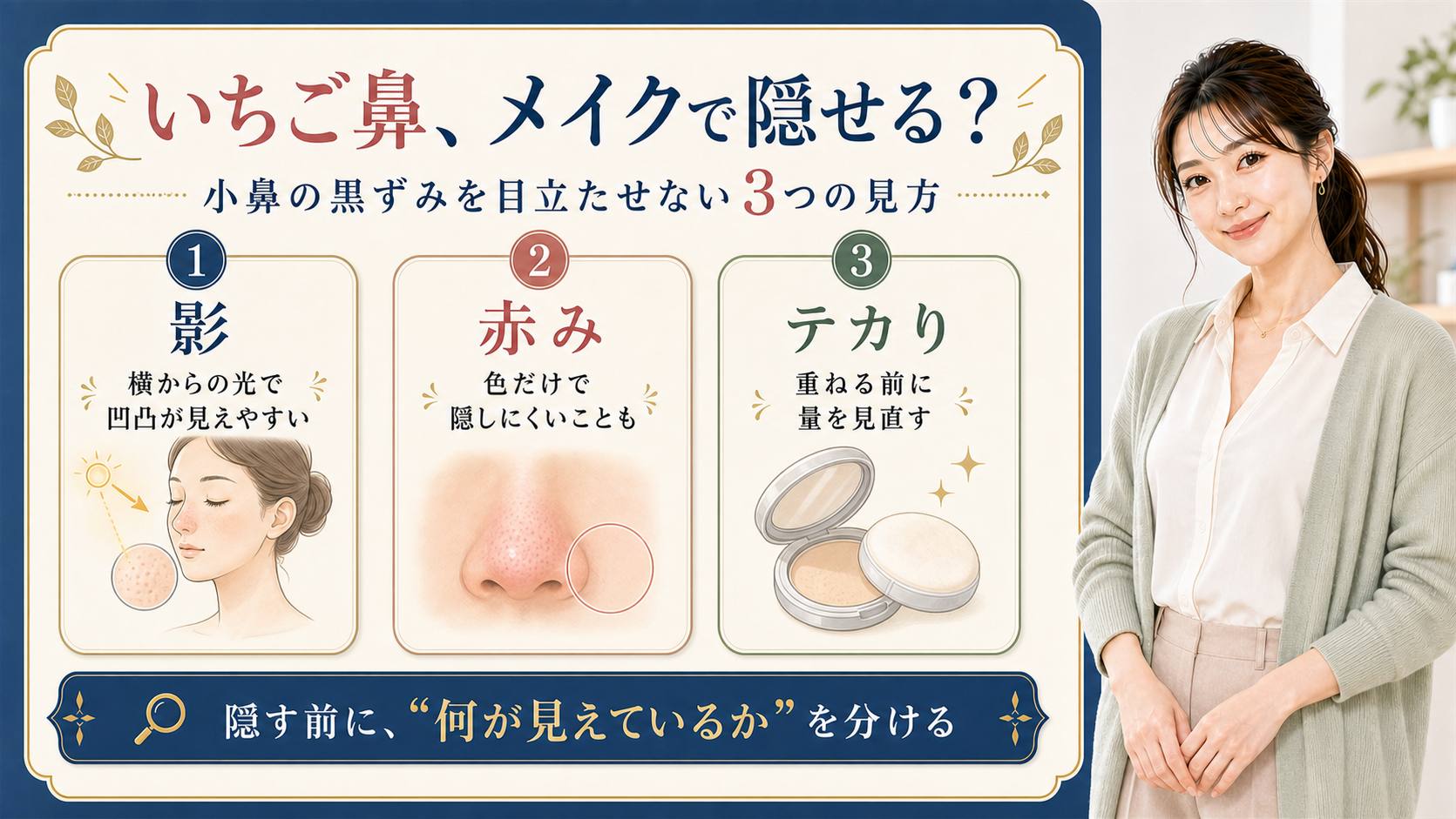 いちご鼻をメイクで隠す前に見る影、赤み、テカりを整理する3カード図